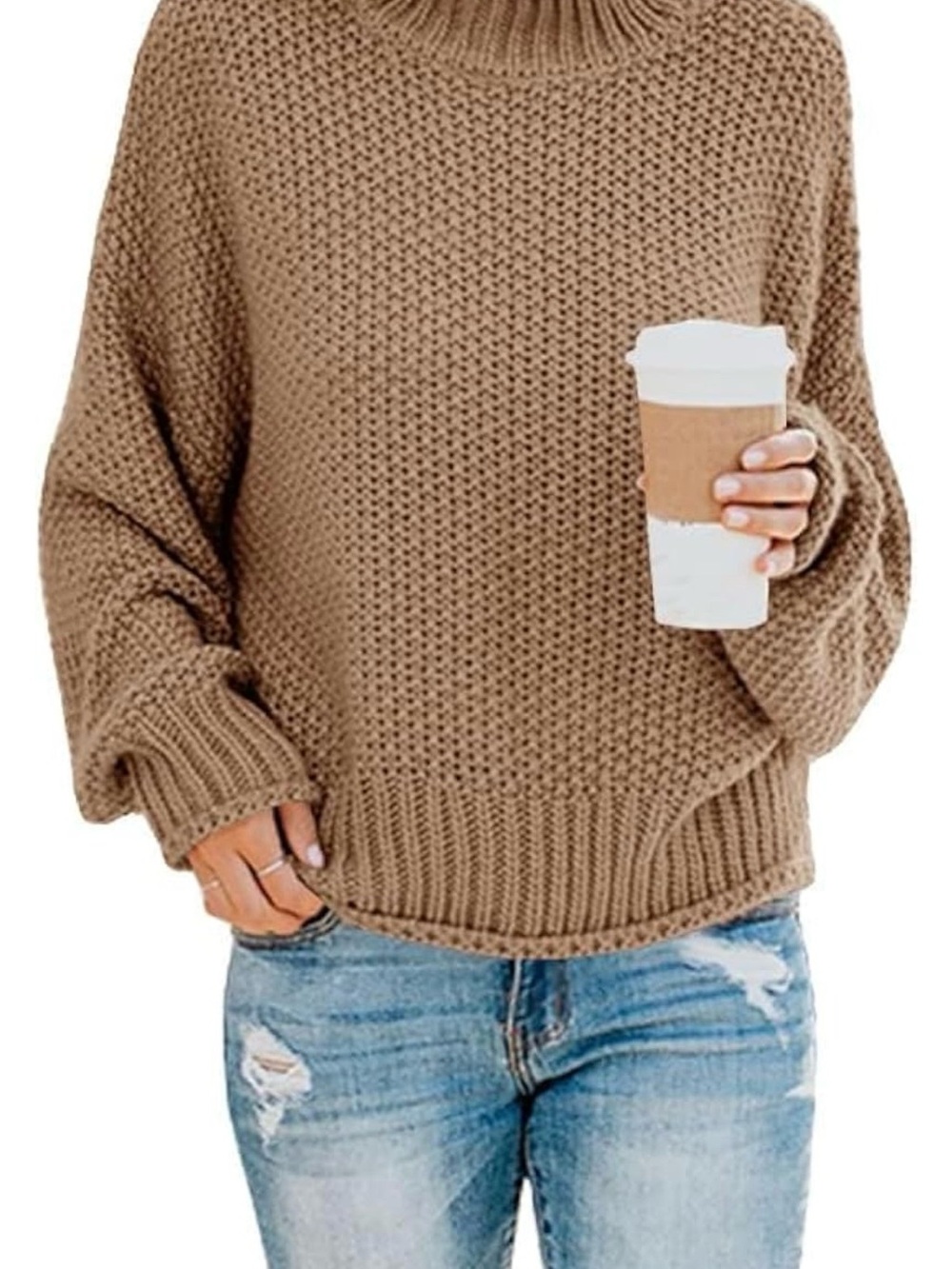 Amazon Women's Chunky Cowl Neck Sweater - Camel Brown